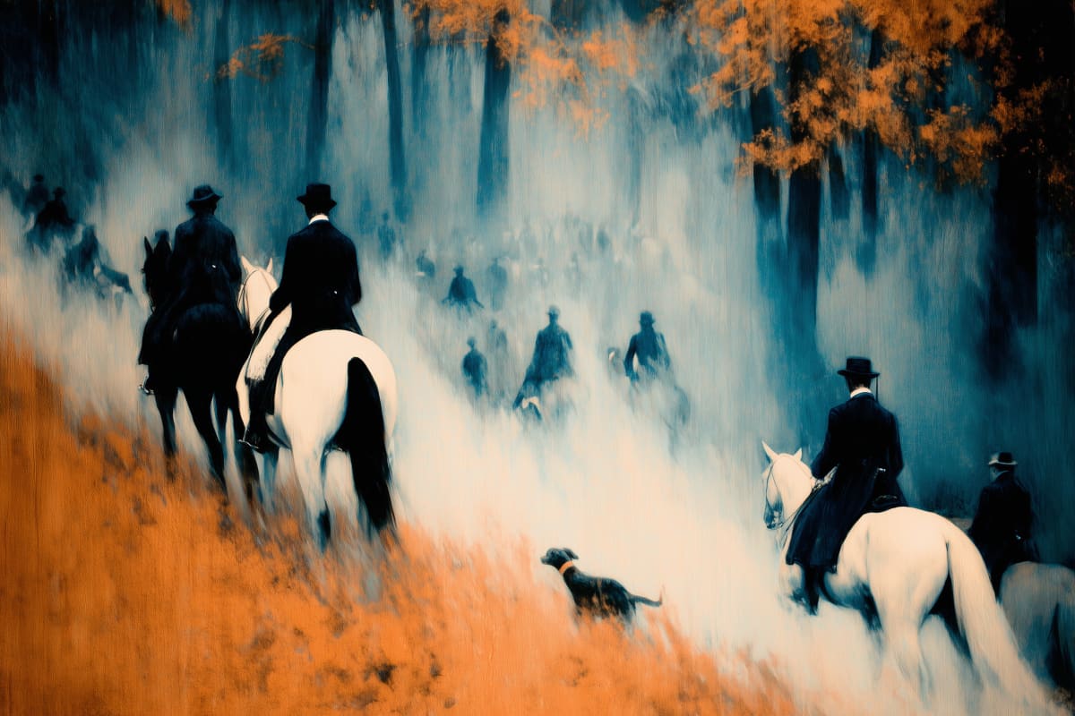 Through Autumn Mist - Riders on horseback with hunting dogs emerge through ethereal fog in a misty autumn forest landscape.