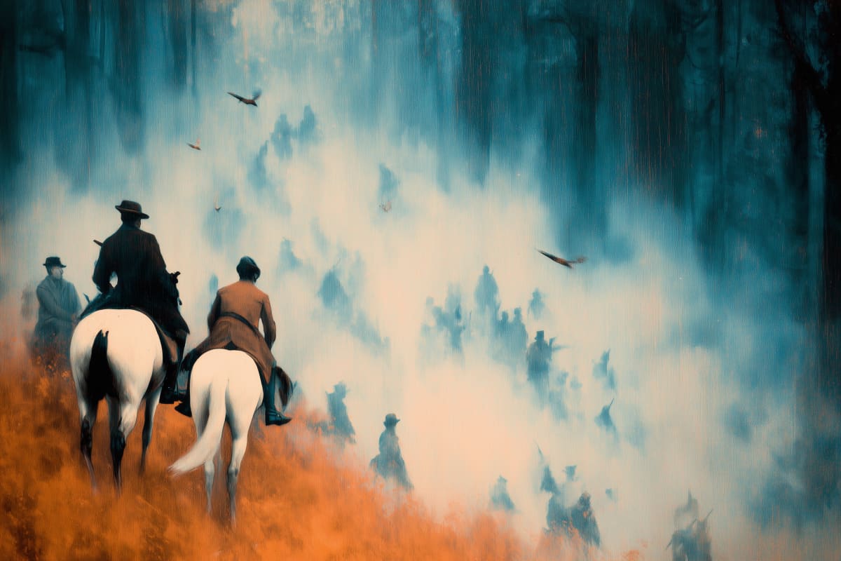 Into the Mist - Three riders on horseback face a vast misty army emerging from ethereal fog, with birds circling overhead in atmospheric light.