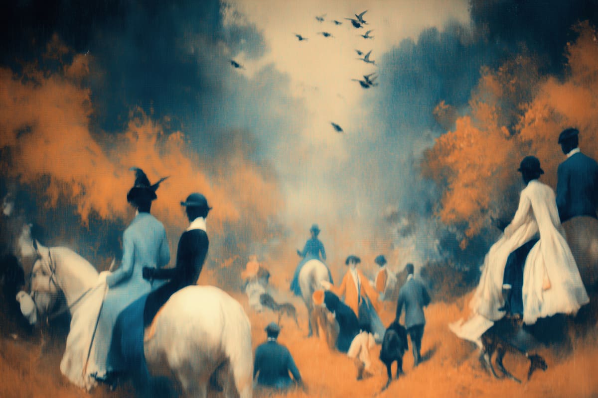 Gathering at Dawn - Figures on horseback and on foot converge along a misty path beneath dramatic orange-tinted clouds and flying birds.