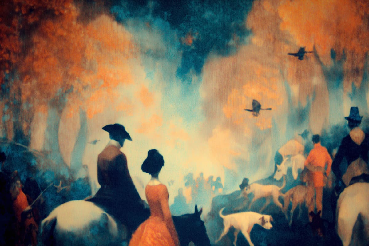 Journey Through Autumn Mist - A dreamlike procession moves through a mystical forest bathed in warm amber and cool turquoise light, where silhouetted figures on horseback traverse a hazy, ethereal landscape.