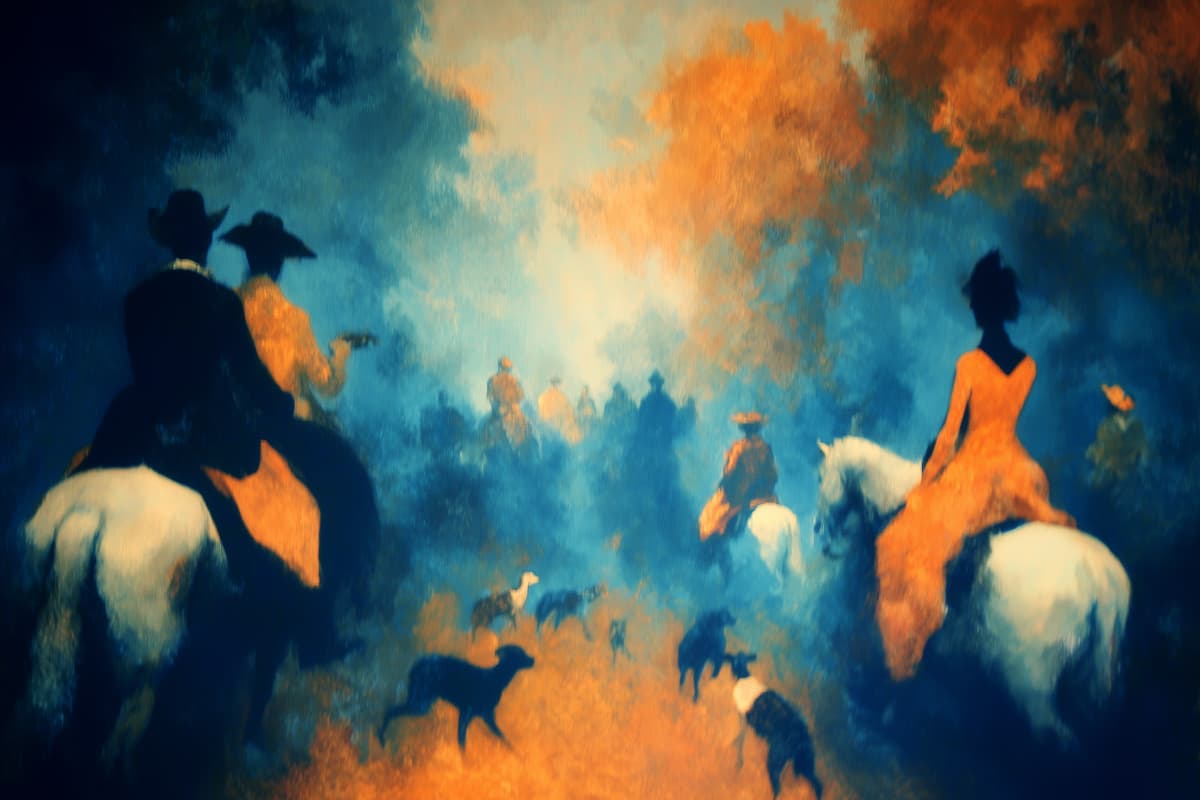The Autumn Hunt - Riders on white horses lead hounds through misty woodland, silhouetted against orange and blue atmospheric light in a traditional fox hunting scene.