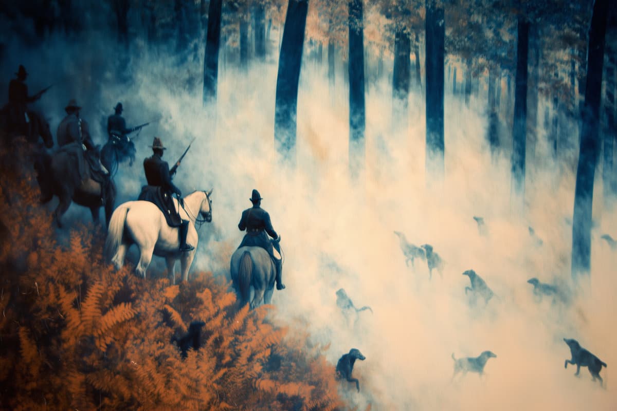The Misty Hunt at Dawn - Mounted hunters with hounds emerge through ethereal fog in an autumn forest, creating a dreamlike scene of traditional sporting pursuits.