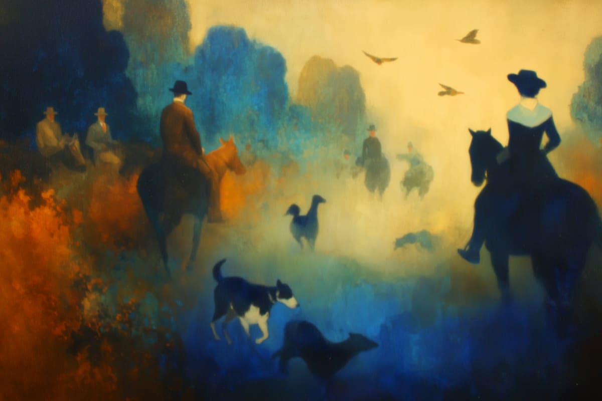 Dawn Riders in the Mist - A dreamlike scene of horseback riders emerging through luminous fog, accompanied by dogs and birds in an atmospheric landscape of blues, golds, and amber.