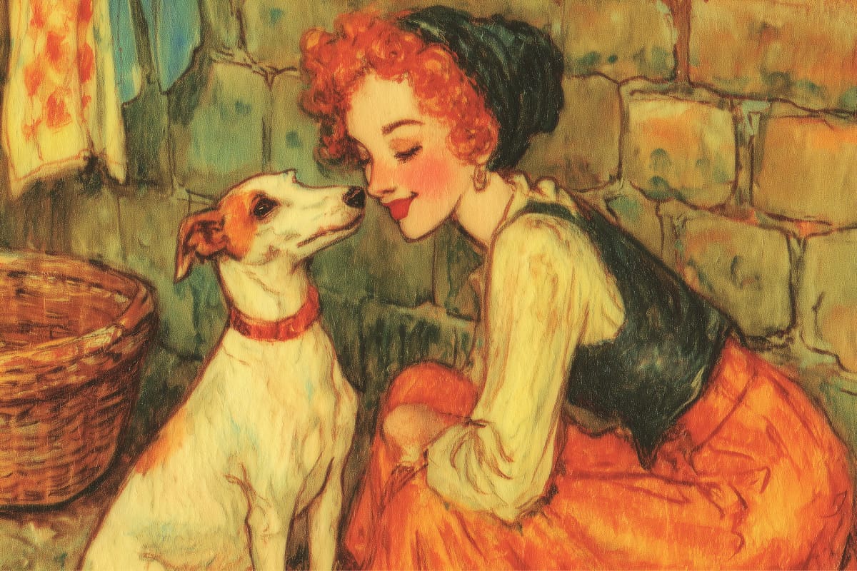 A Mother's Gentle Welcome Home - A red-haired woman in a russet skirt kneels beside her adoring whippet, their faces touching in a quiet moment of reunion against a sunlit stone wall.