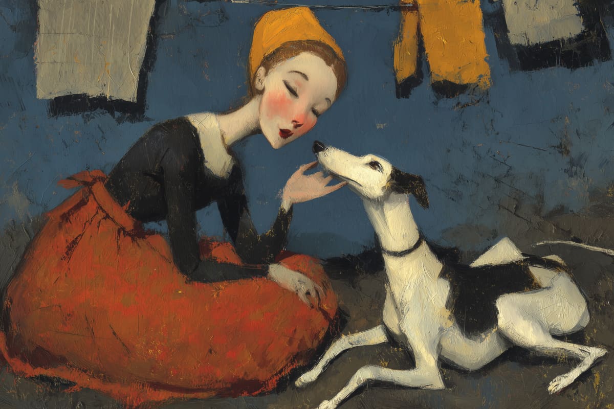 The Washing Line Whisper - A woman in a golden cap and red skirt leans close to her whippet beneath a line of drying laundry, sharing a quiet moment of devotion on a dusky blue afternoon.