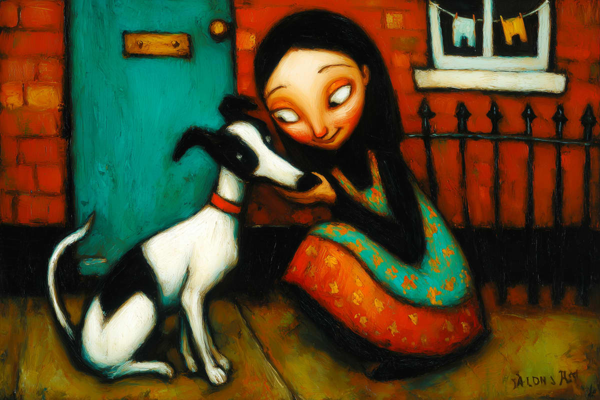 Coming Home to You - A young woman kneels on a worn doorstep to embrace her black and white dog, their faces pressed together in a tender reunion against a red brick terrace backdrop.