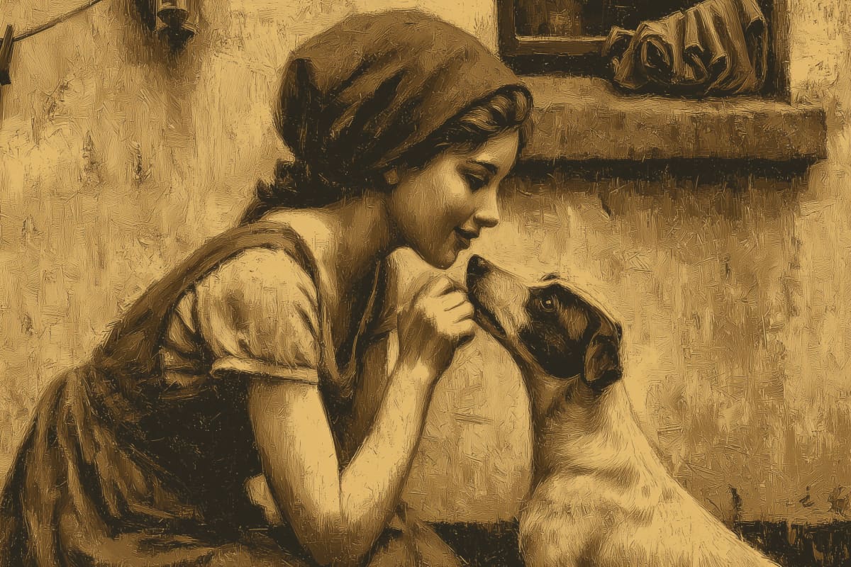 The Kitchen Confidante - A young girl leans close to her faithful pug in a warm domestic scene, their gentle exchange speaking of quiet companionship and trust beyond words.