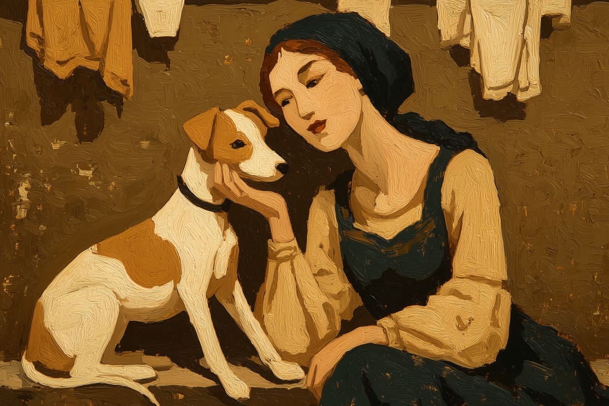 The Washerwoman's Faithful Companion - A young woman in a dark headscarf cradles her Jack Russell terrier beneath drying linens, their quiet bond painted in rich earthy tones and bold, confident brushwork.