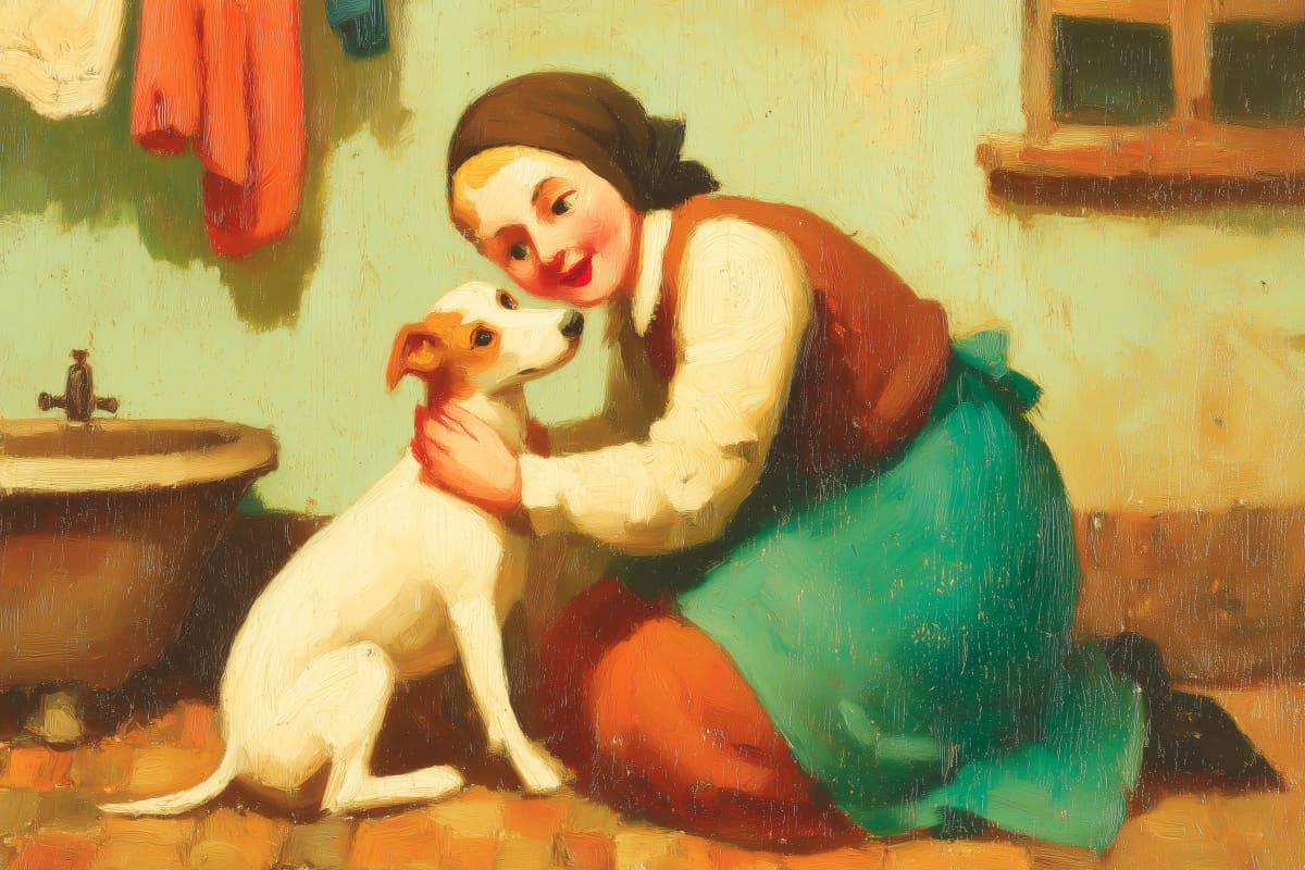 Bath Time Cuddles - A woman kneels beside a tin bath to embrace her small white terrier, their faces close in a moment of tender affection amid the warmth of a humble kitchen.