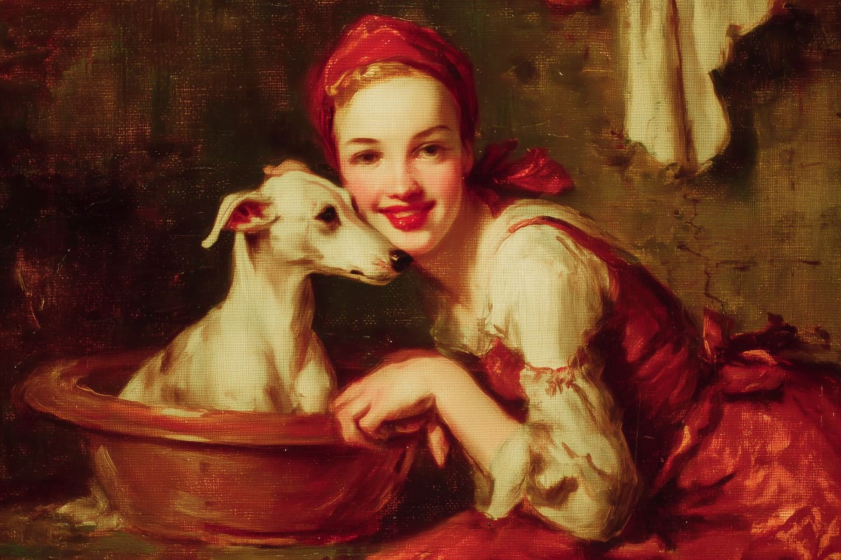 Bath Time With My Best Friend - A joyful young woman in a red headscarf cradles her small white dog in a washing bowl, their faces pressed together in a moment of pure affection and shared delight.