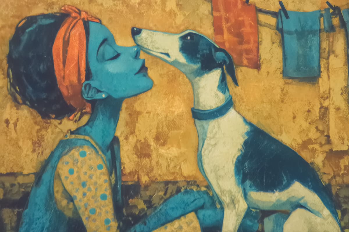 Nose to Nose on Washday - A woman in a headscarf leans in for a tender nose-to-nose moment with her whippet, framed by laundry drying on a golden afternoon.