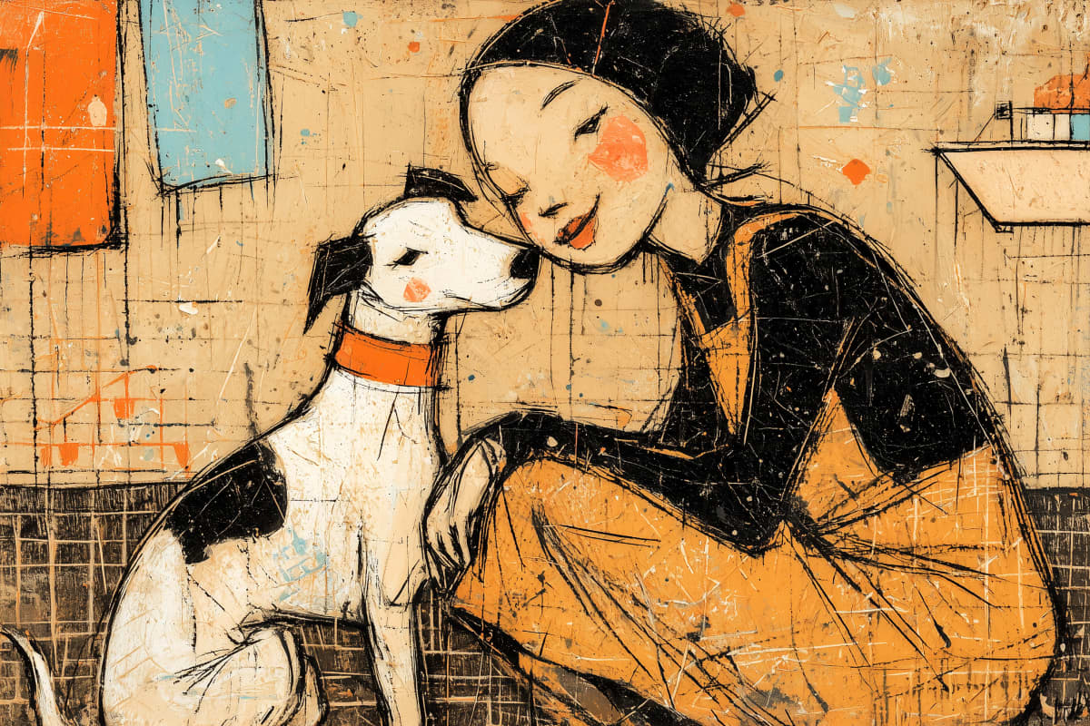 Quiet Moment Together - A woman in a dark top leans tenderly toward her white dog, their closeness captured in warm ochre and burnt orange tones with expressive, scratched linework.