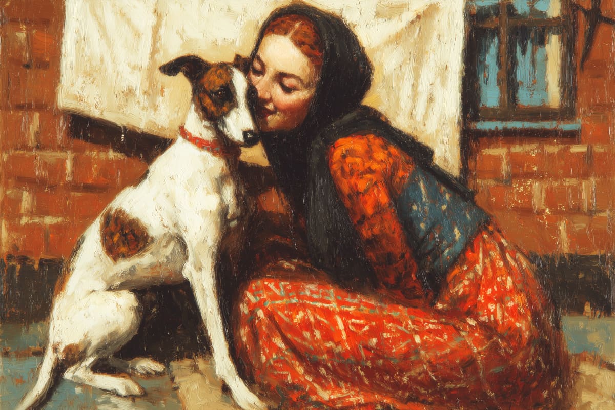 A Quiet Moment on the Doorstep - A young woman leans close to her Jack Russell terrier on a sun-warmed doorstep, sharing a tender moment of companionship against weathered brickwork.