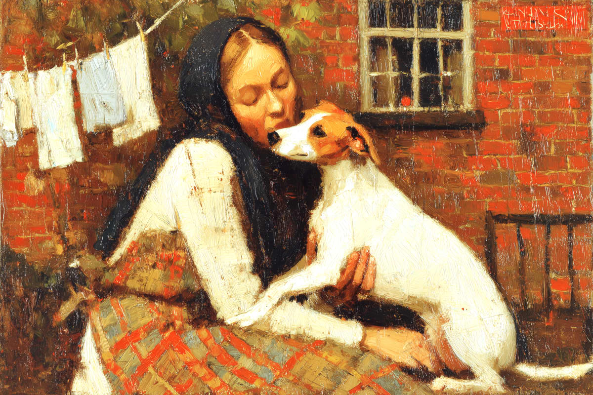 Washing Day Tenderness - A young woman in a dark headscarf cradles her Jack Russell terrier against a sunlit brick cottage, laundry drying on the line behind them in quiet domestic warmth.