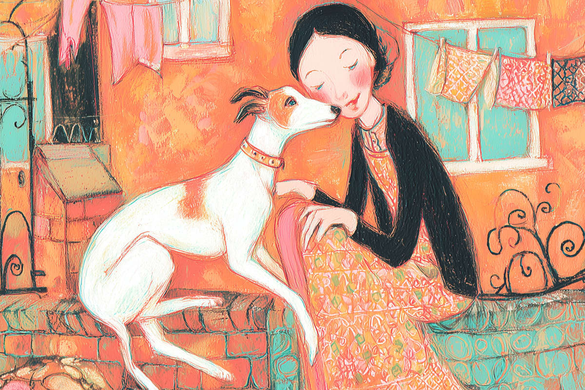 The Kiss on the Doorstep - A whippet stretches up to nuzzle its owner's cheek on a sun-warmed terracotta doorstep, laundry drying overhead in the golden afternoon light.