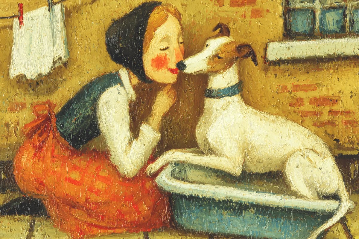 Bath Time Kisses - A tender moment as a woman kneels beside a tin bath, receiving an affectionate lick from her grateful Jack Russell terrier after his wash, washing hanging on the line behind them.