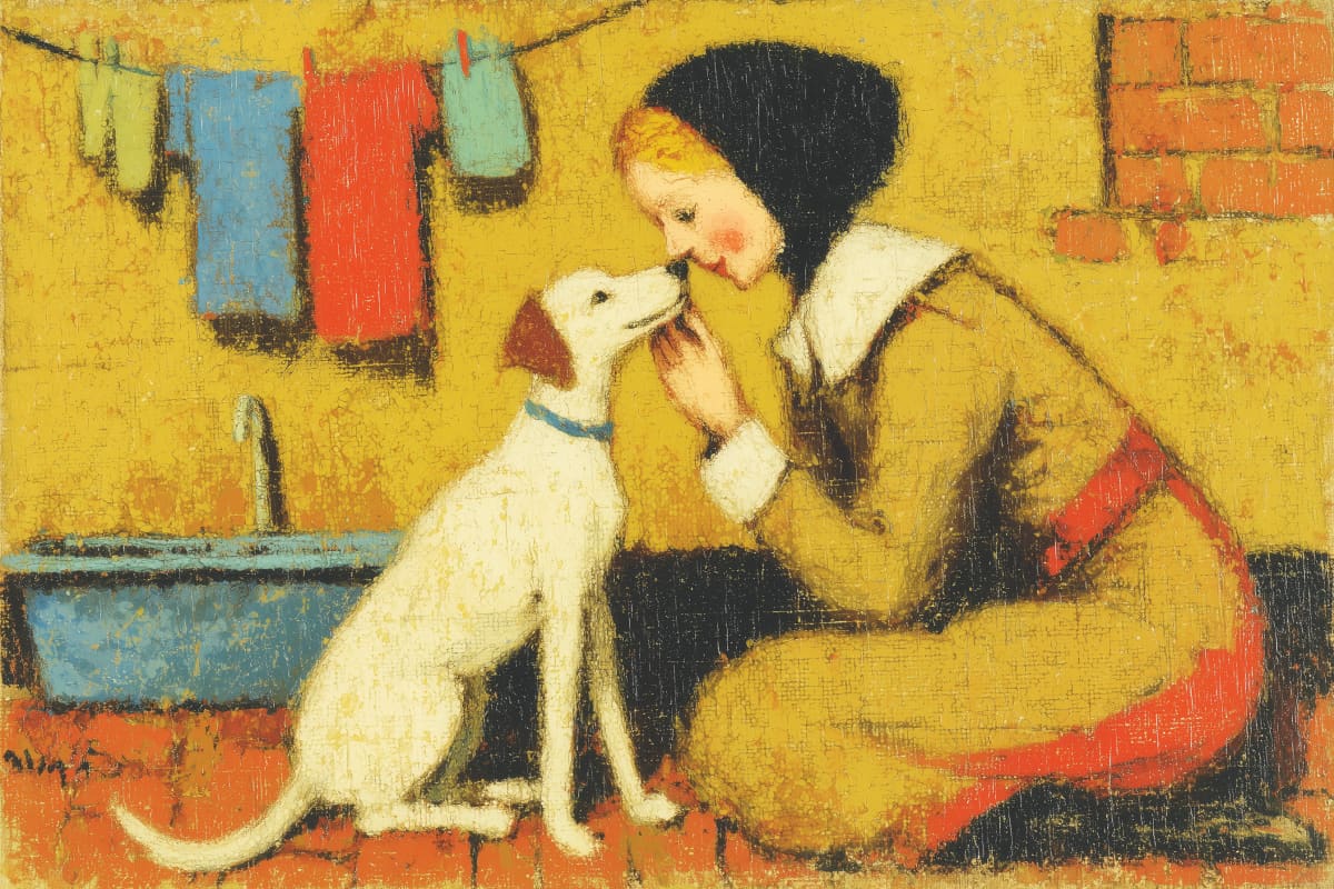 Washday Kisses With Best Friend - A young boy crouches beside his faithful white dog in a warm golden kitchen, sharing a tender nose-to-nose moment while the weekly wash dries on the line above.