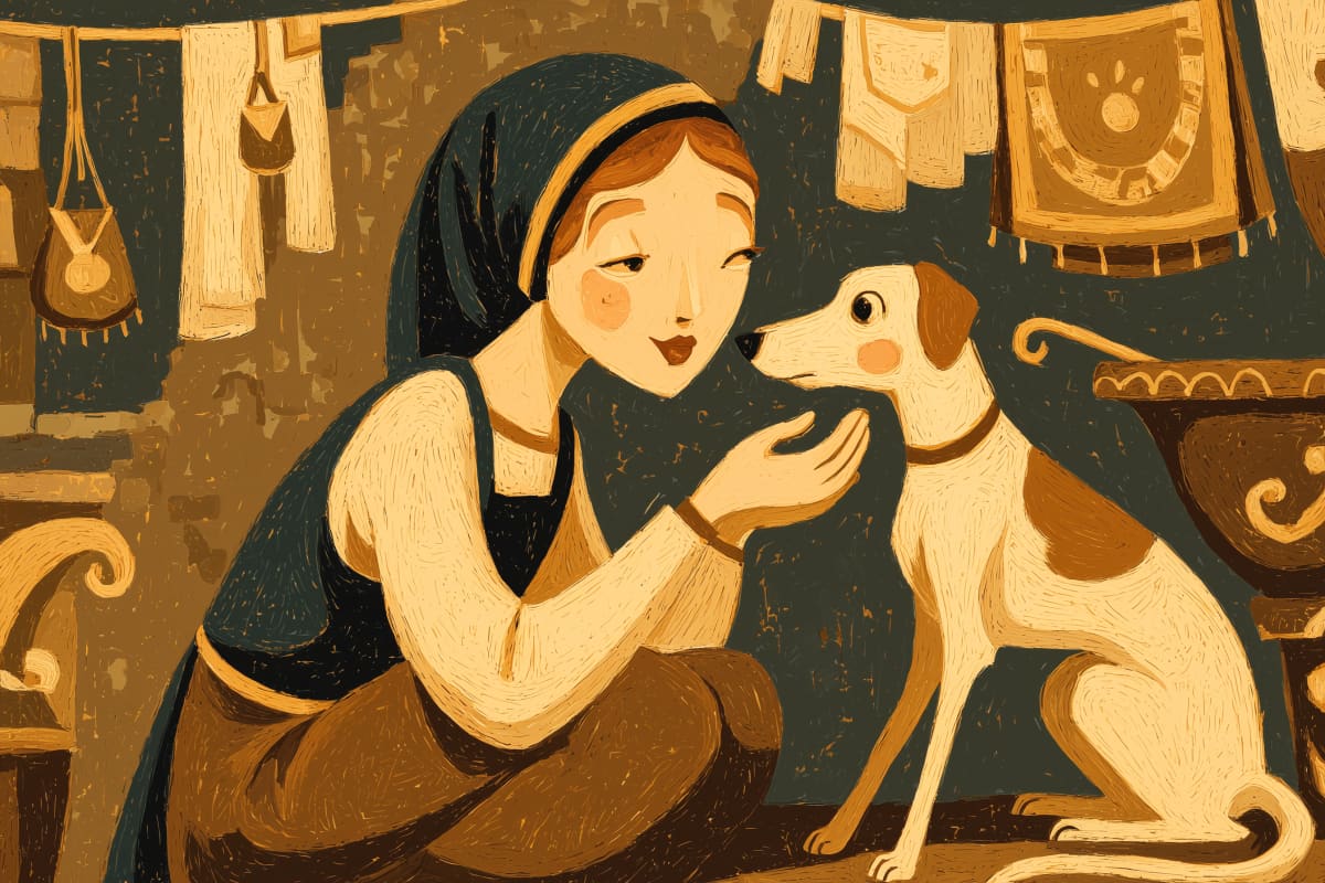 The Artisan's Faithful Companion - A young woman shares a tender moment with her devoted terrier in a warmly lit workshop, surrounded by handcrafted wares and draped textiles in golden amber tones.