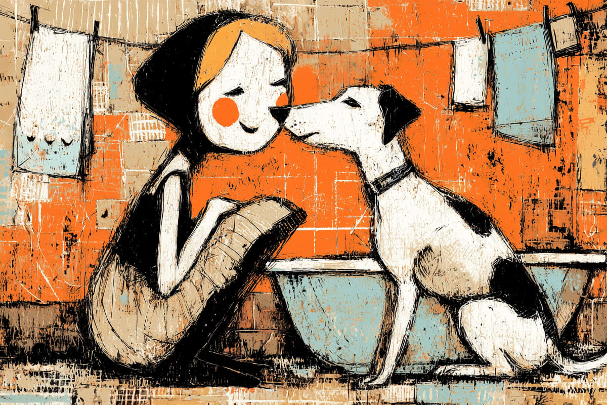 Nose to Nose at Bathtime - A woman and her small white dog share a tender nose-to-nose moment during bathtime, framed in warm oranges and soft blues with expressive brushwork.