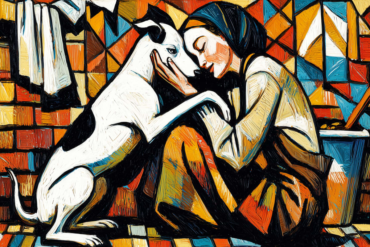 Quiet Embrace in Stained Glass - A woman and her white dog share a tender moment of closeness, rendered in bold cubist fragments of amber, burnt orange, and deep teal that glow like cathedral windows.