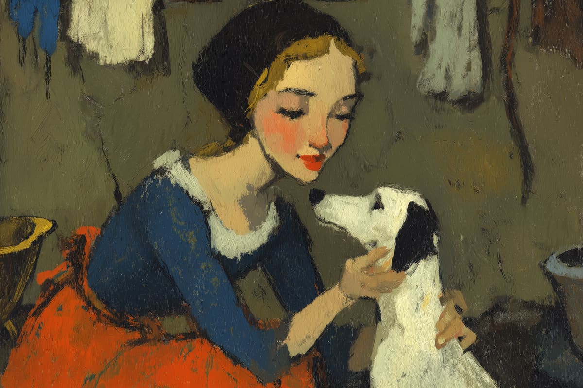 Quiet Moment in the Kitchen - A young woman in a blue dress cradles her white terrier in a warm, rustic kitchen, their eyes meeting in a tender exchange of devotion and trust.