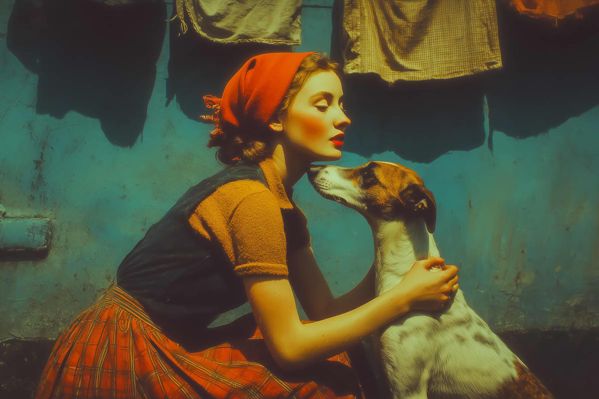 Washday Kisses - A young woman in a red headscarf kneels beside her hound against a teal wall draped with drying laundry, sharing a tender nose-to-nose moment in warm afternoon light.
