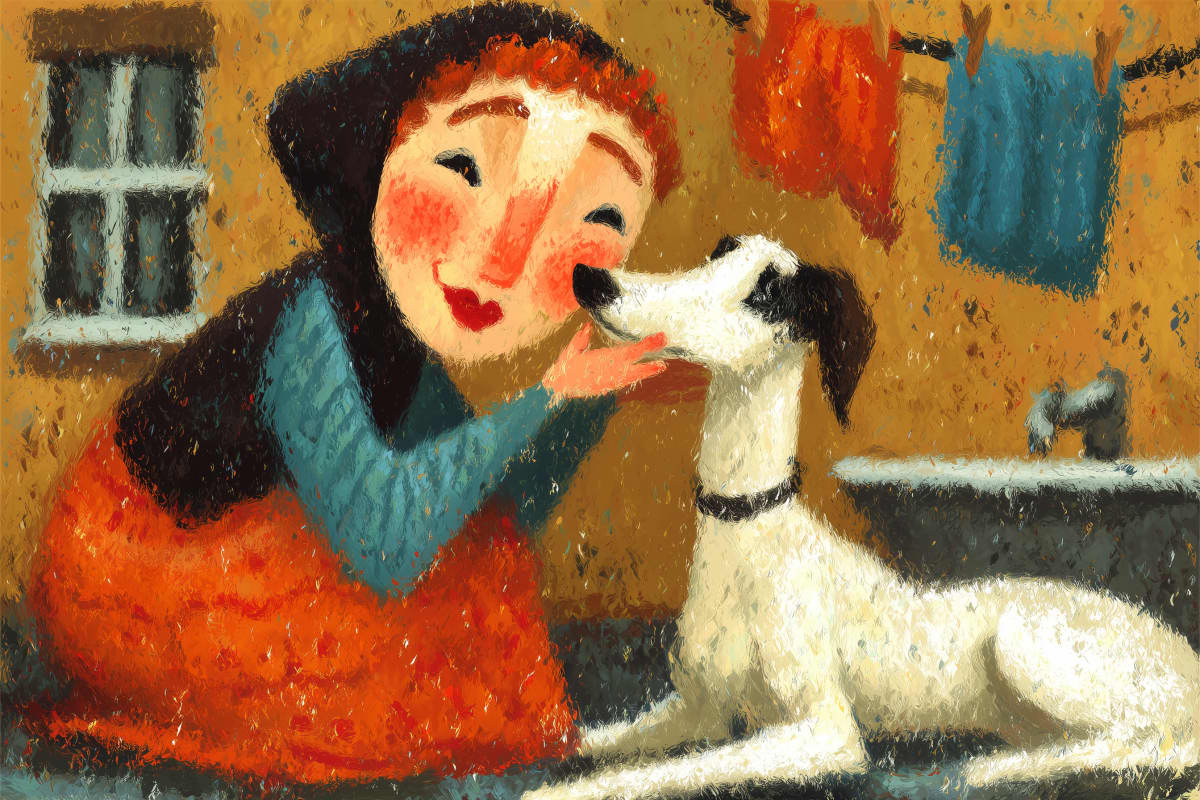 Kitchen Kisses After Bathtime - A rosy-cheeked woman leans in close as her freshly bathed white and black dog plants a grateful kiss on her chin beside the kitchen sink.