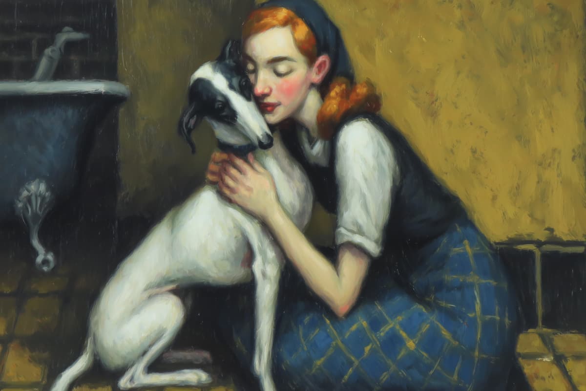 The Kitchen Embrace - A red-haired girl in a blue tartan skirt kneels beside the hearth, cradling her whippet close, their faces touching in a moment of quiet devotion.