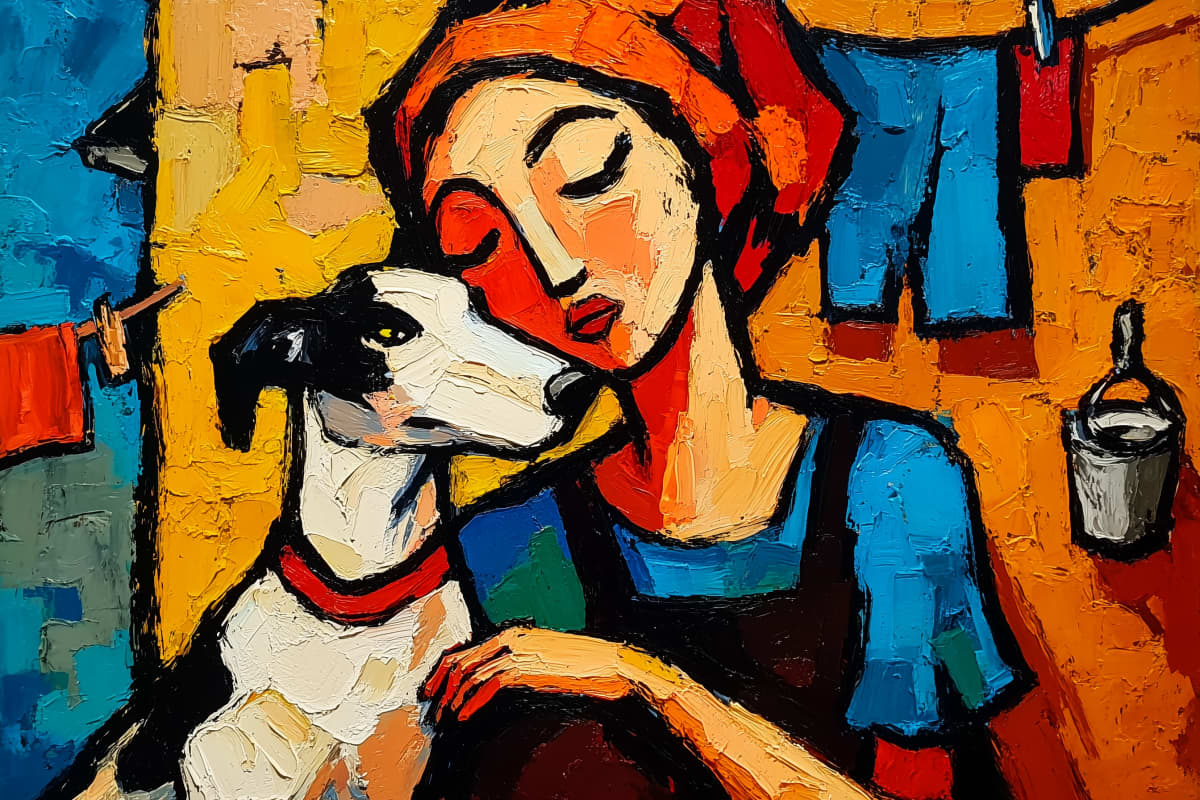 The Quiet Moment Between - A woman in a red headscarf cradles her whippet close, their bond painted in bold impasto strokes against a warm, sunlit interior of ochre and cobalt.