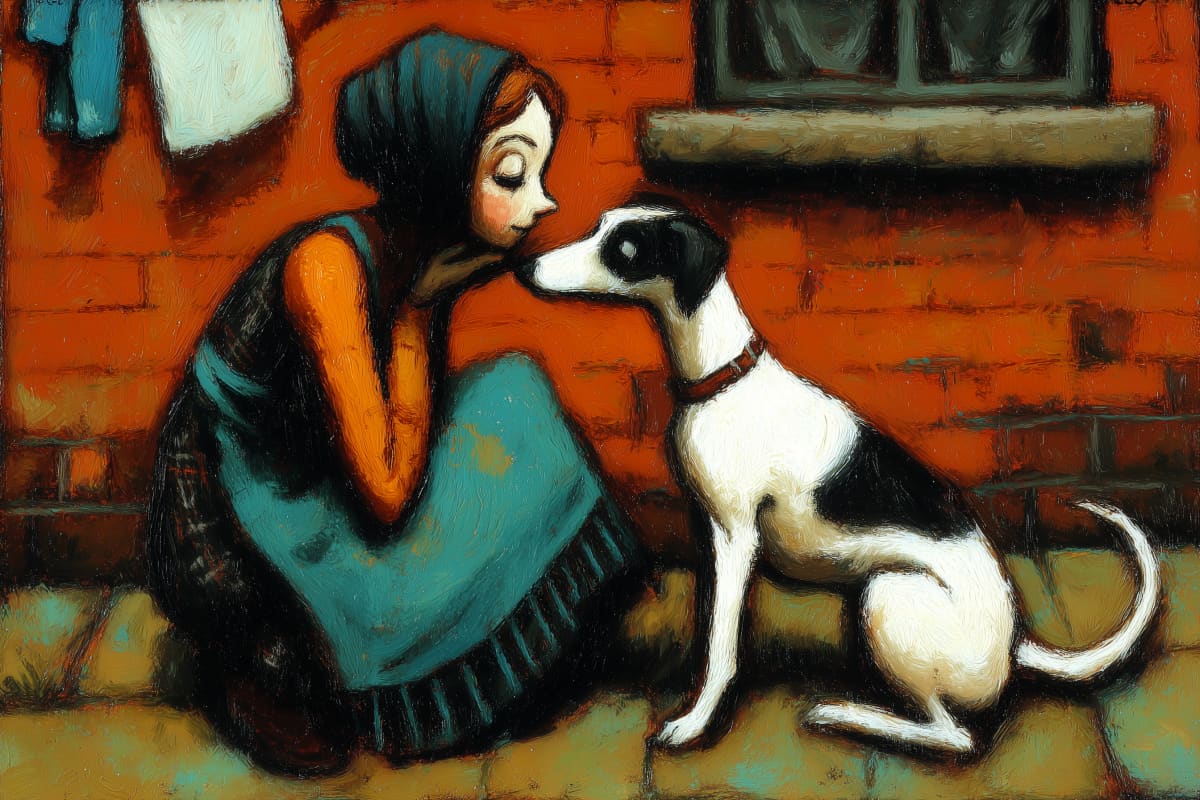 Nose to Nose by the Doorstep - A tender moment between a young woman and her devoted hound, sharing a gentle nose-to-nose greeting against the warm glow of a brick terrace wall.
