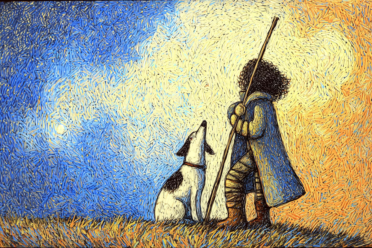 Companions in the Golden Hour - A solitary figure and faithful dog stand together against a swirling sky of blues and golds, their bond illuminated by the warmth of dusk.