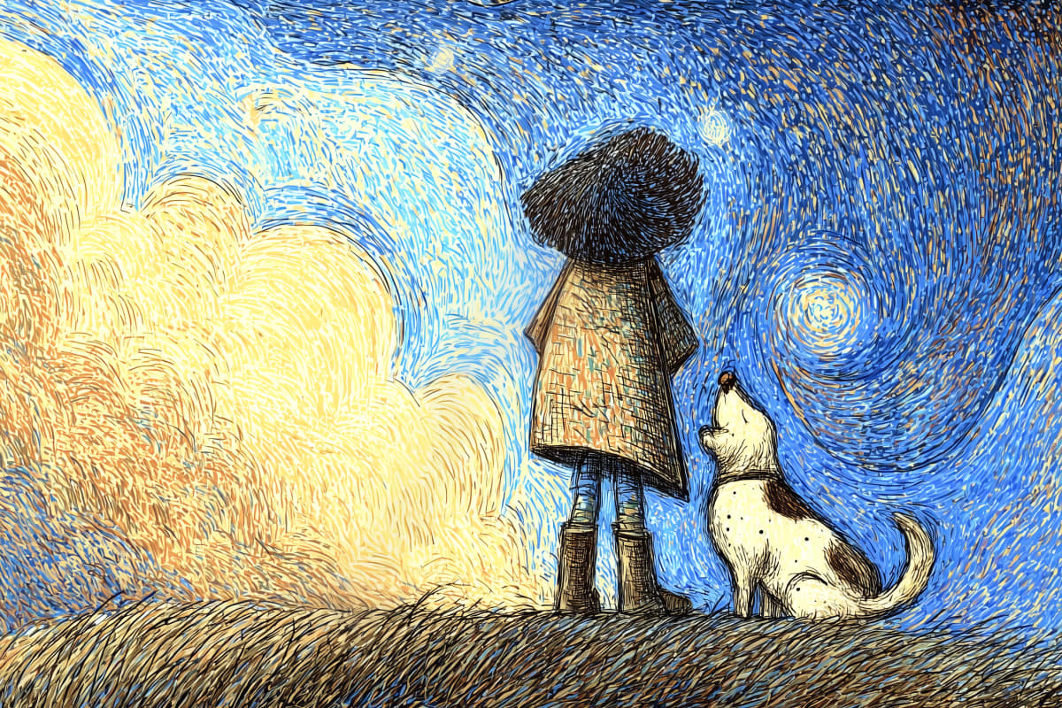 Starry Night Companions - A child and loyal dog stand together beneath a swirling cosmic sky, their silhouettes united against the vastness of a dreamlike evening.