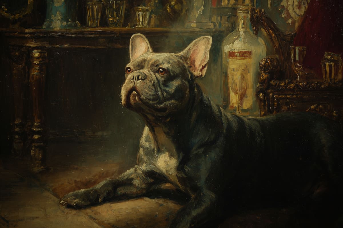 Distinguished Companion in Repose - A French Bulldog portrait exuding aristocratic charm amid opulent Victorian surroundings.