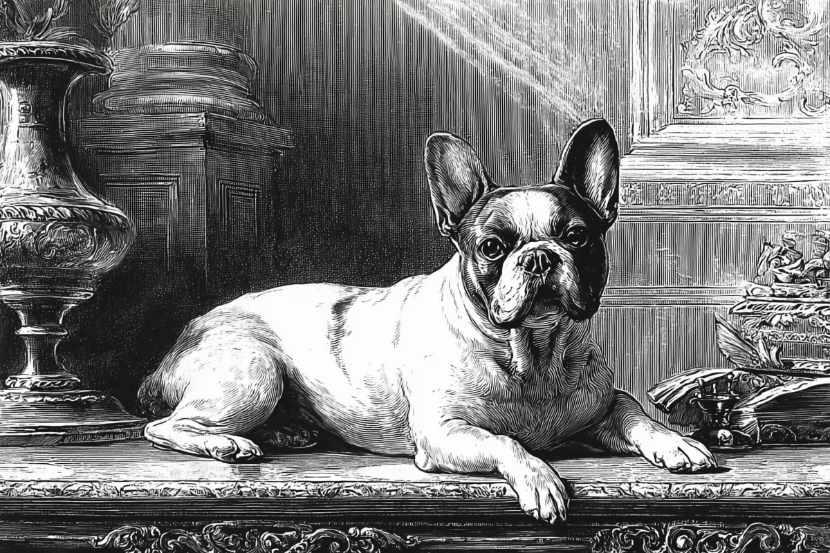 Aristocratic Repose - A French Bulldog rests elegantly on an ornate shelf surrounded by decorative urns and baroque architectural details in detailed engraving.