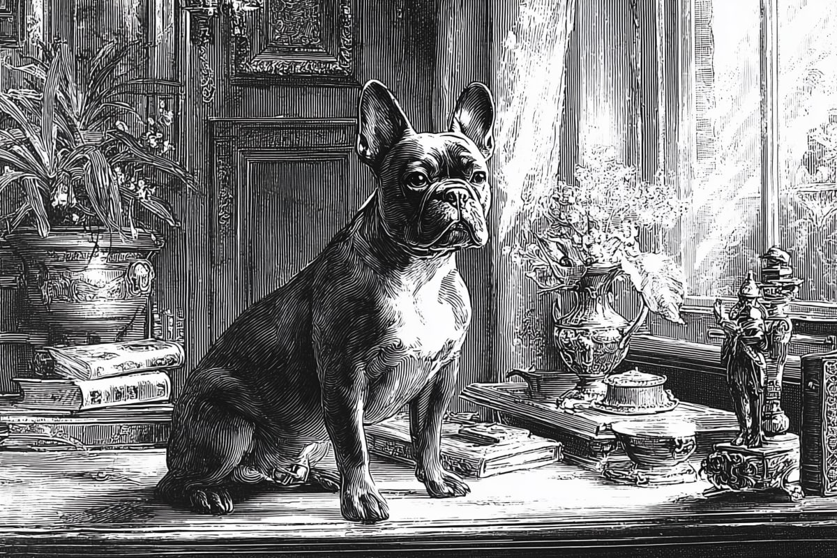 Distinguished Study Companion - A French Bulldog sits regally on a desk surrounded by potted plants, books, decorative vases, and classical furnishings.