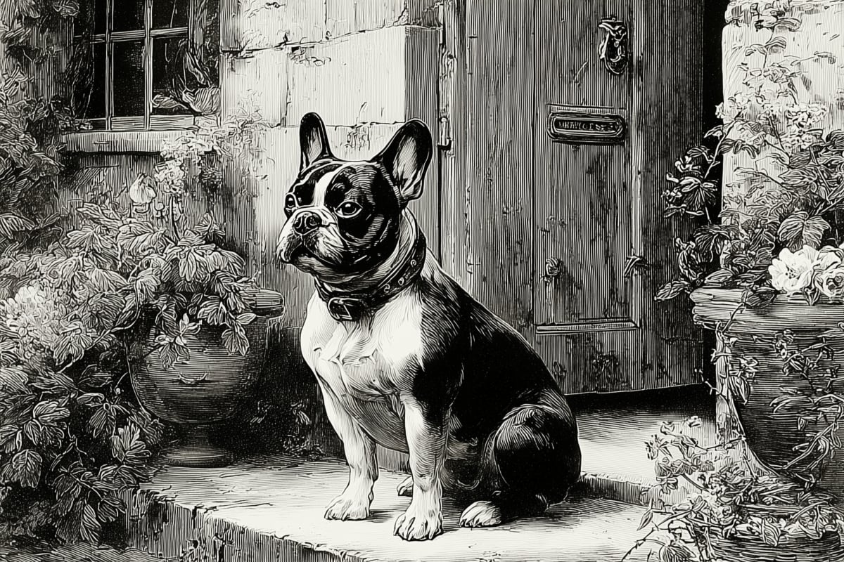 Guardian at the Threshold - A French Bulldog sits alertly before a weathered door, flanked by potted flowering plants in this detailed engraving.