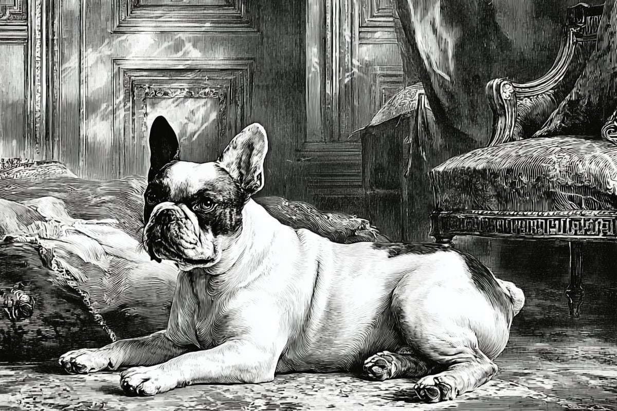 Regal Repose - A French Bulldog lounges majestically in an ornate Victorian parlor, surrounded by carved furniture and decorative paneling.