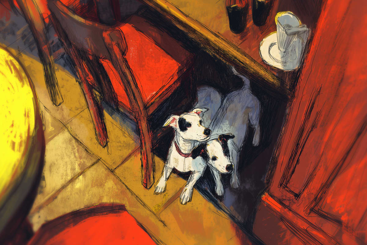 Watchful Companion at the Threshold - A loyal dog stands guard in a doorway, rendered in bold expressionistic strokes of red, yellow, and black that create an atmosphere of vigilant devotion.