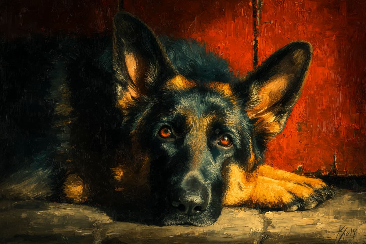 Crimson Watch - A German Shepherd lies with head on paws gazing forward, set against a deep crimson background in richly textured old-master oil style.