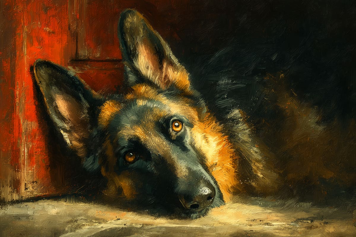 The Red Door - A German Shepherd rests with head on paws in a doorway, framed by a rich red painted door in dark impasto oil style.
