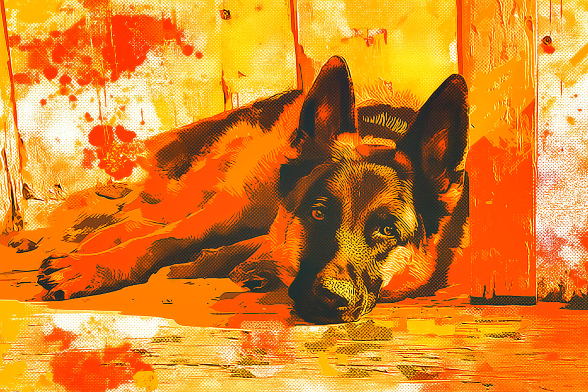 The Patient Guardian - A loyal German Shepherd rests on the stone floor of an old doorway, chin between outstretched paws, watching the world with quiet devotion