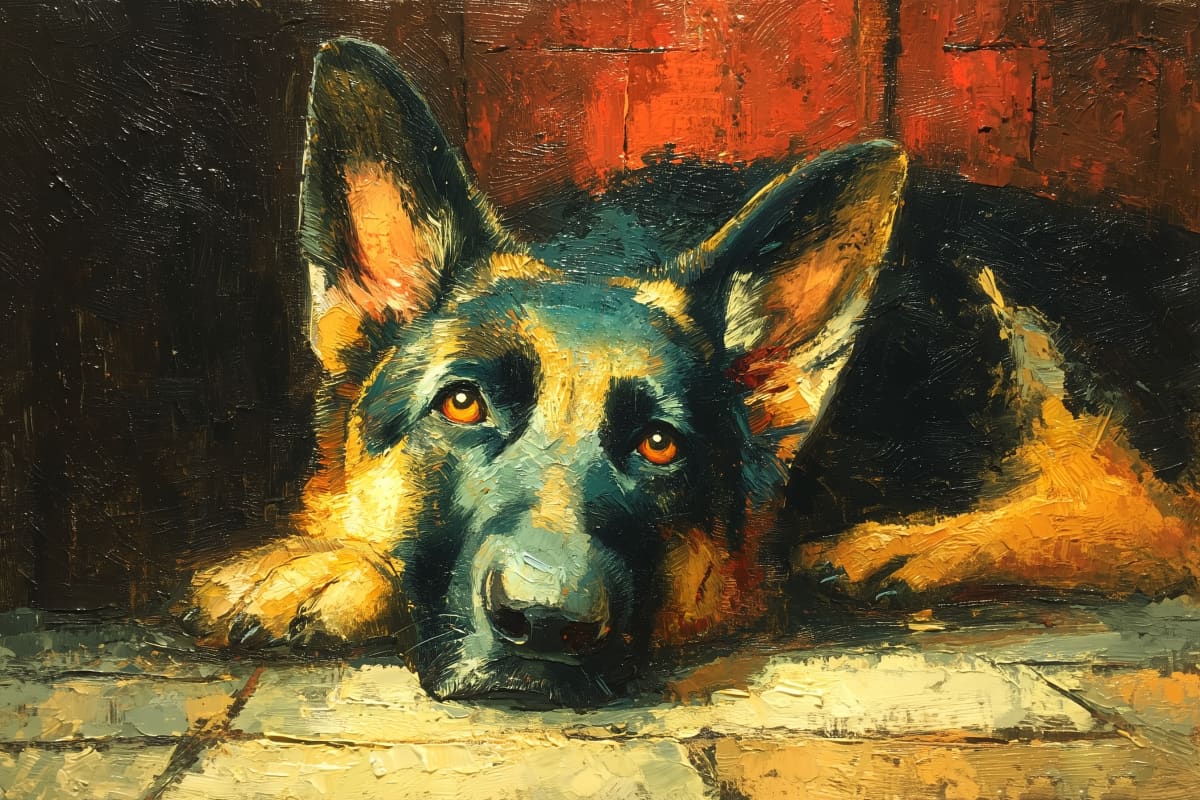 Patient Guardian - A German Shepherd lies on stone flags in a doorway, chin on paws, gazing upward with soulful amber eyes against a red wall.