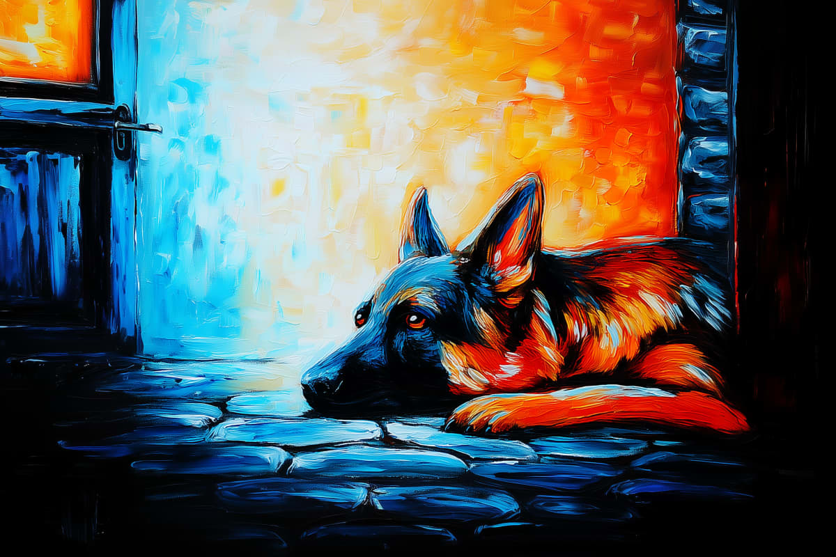 Cobblestone Dreams - A German Shepherd lies on cobblestones beside a glowing doorway, painted in vivid expressionist style with bold blue and orange contrasts.