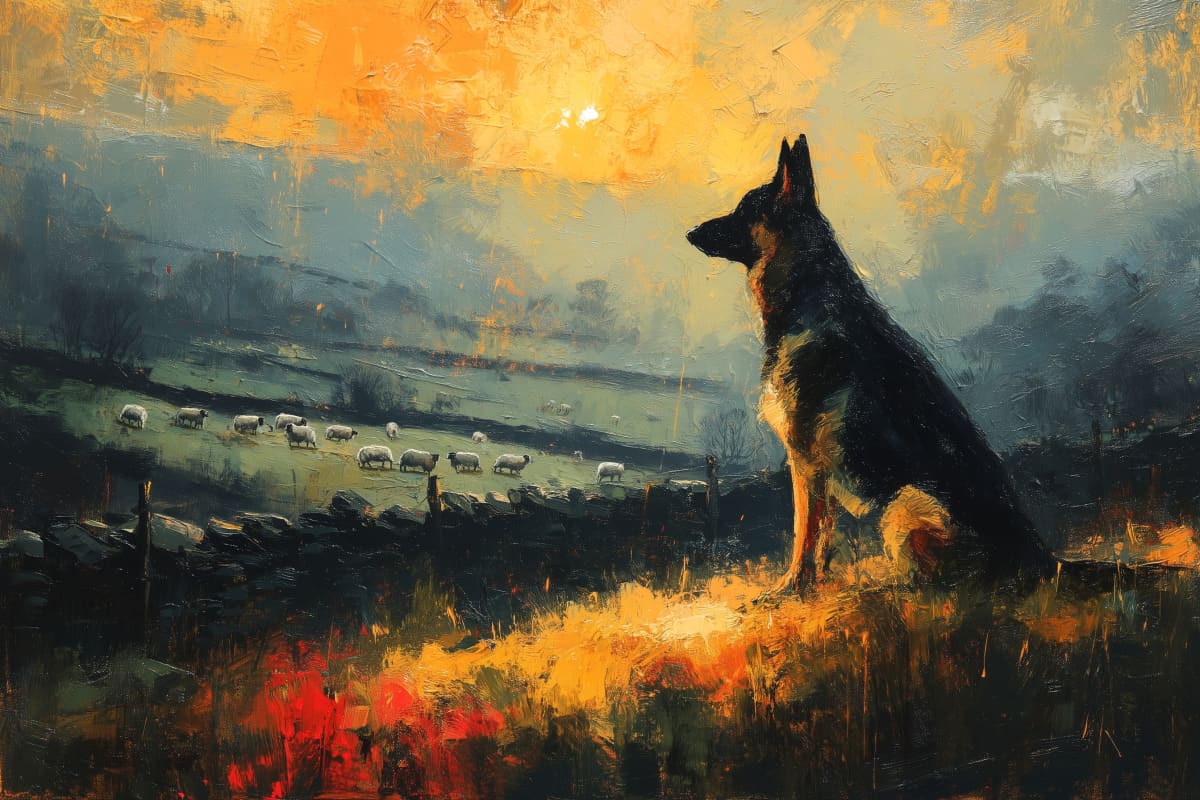 The Shepherd's Vigil at Dusk - A noble German Shepherd sits watchful on a hillside at sunset, surveying a flock of sheep across rolling pastoral fields bathed in amber light.