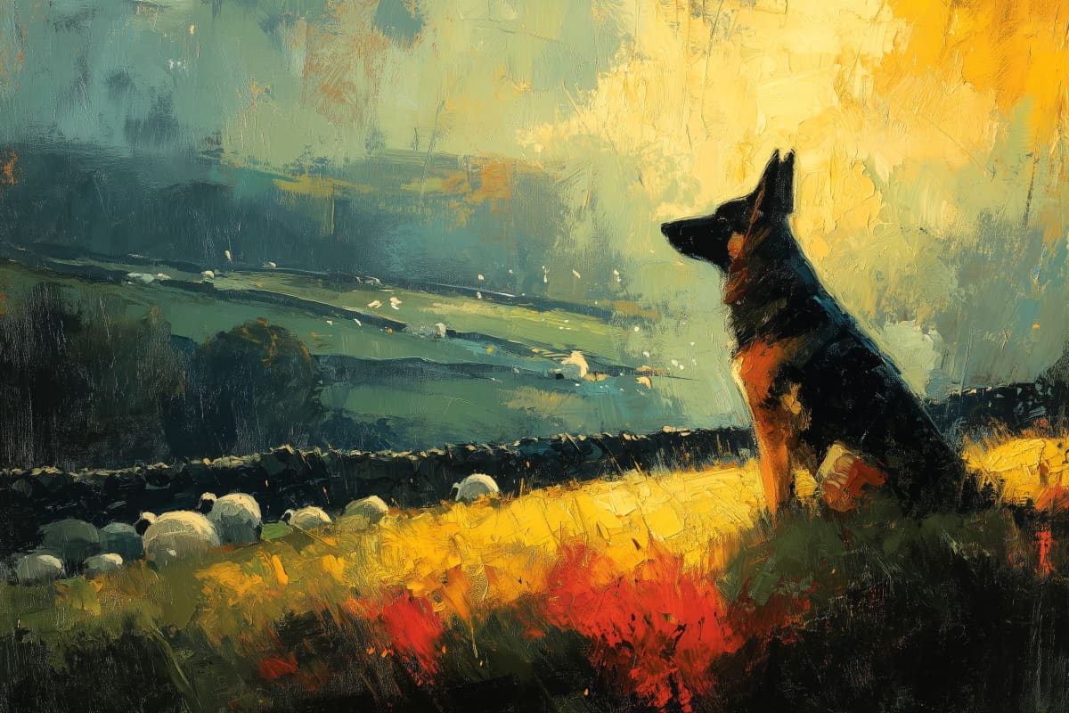 The Shepherd's Golden Watch - A noble German Shepherd surveys its flock across sun-drenched pastures, standing sentinel where golden fields meet the brooding moors beyond the ancient stone wall.
