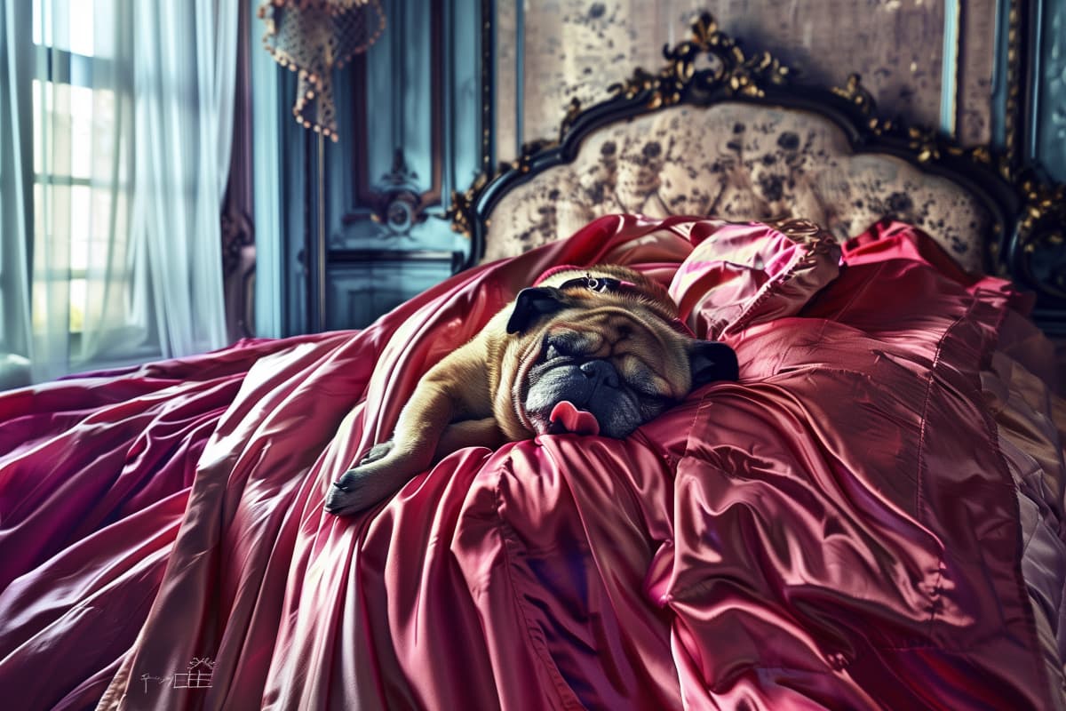 Royal Slumber - A pug wearing a golden crown rests luxuriously in rumpled crimson satin sheets on an ornate antique bed.