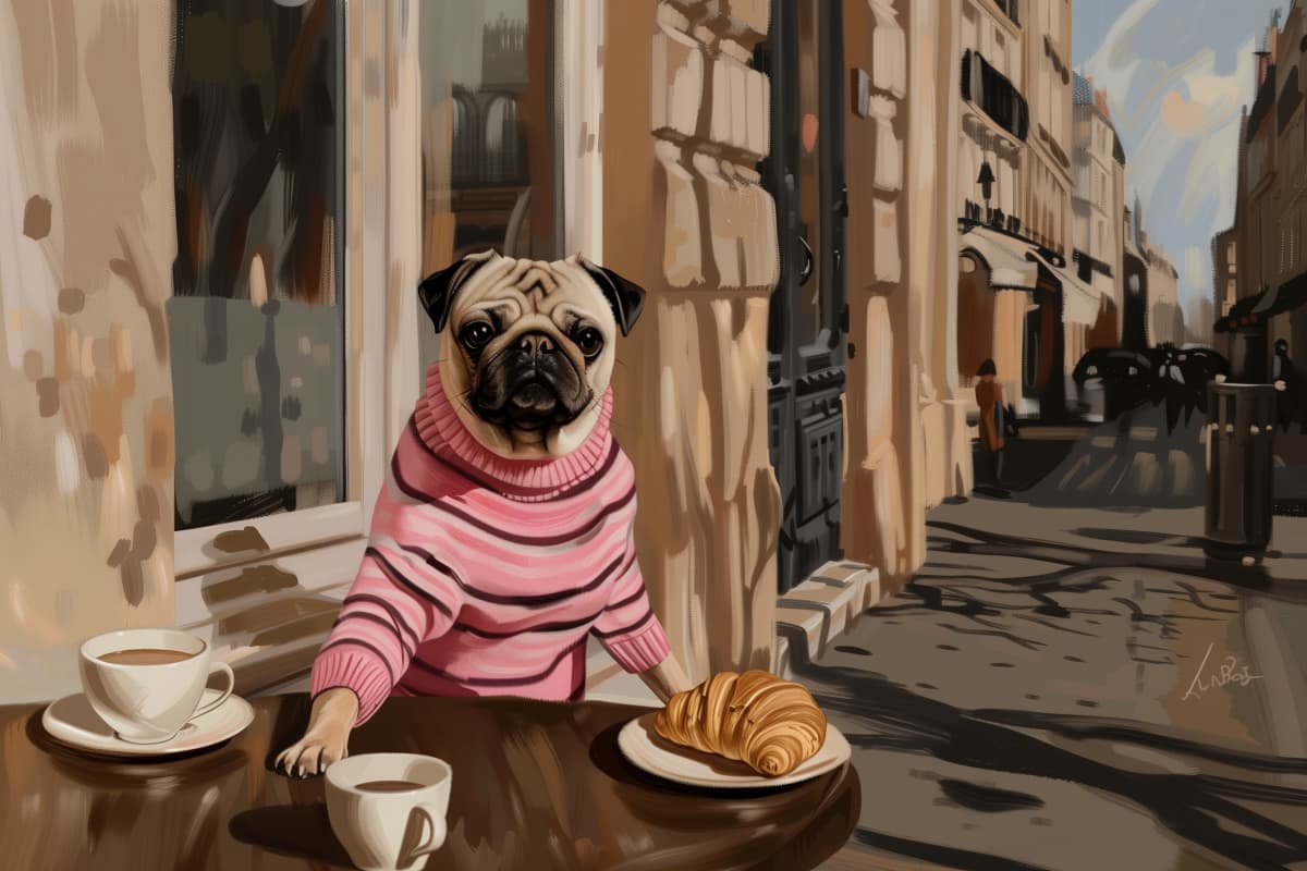 Parisian Café Companion - A pug in a pink striped sweater sits at a café table with coffee and a croissant on a European street.