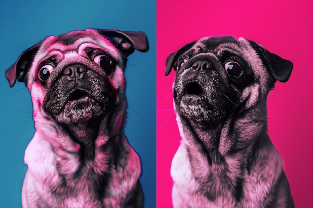 Pop Art Pug Diptych - A pug portrait rendered twice in bold pop art style, set against contrasting blue and hot pink backgrounds.