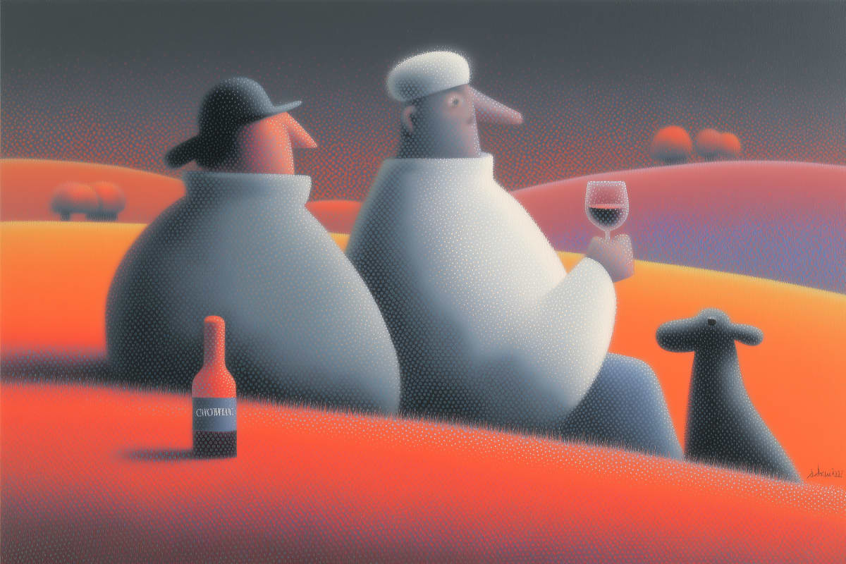 Sunset Companions at Rest - Two abstract figures share a contemplative moment with wine against a surreal landscape of rolling orange and coral hills, their rounded forms creating a sense of gentle companionship.
