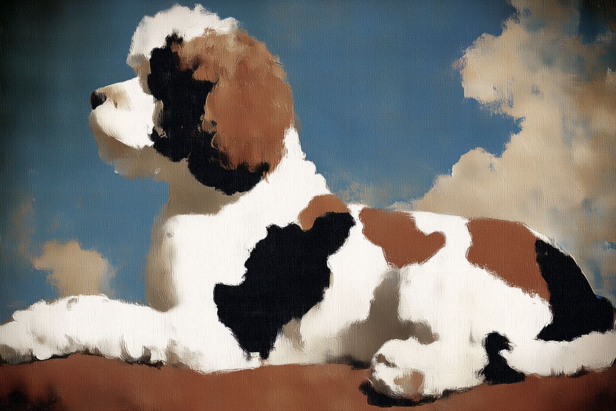Cloudside Companions at Rest - A dreamy portrayal of two resting hounds rendered in soft, impressionistic brushwork against a dramatic sky.